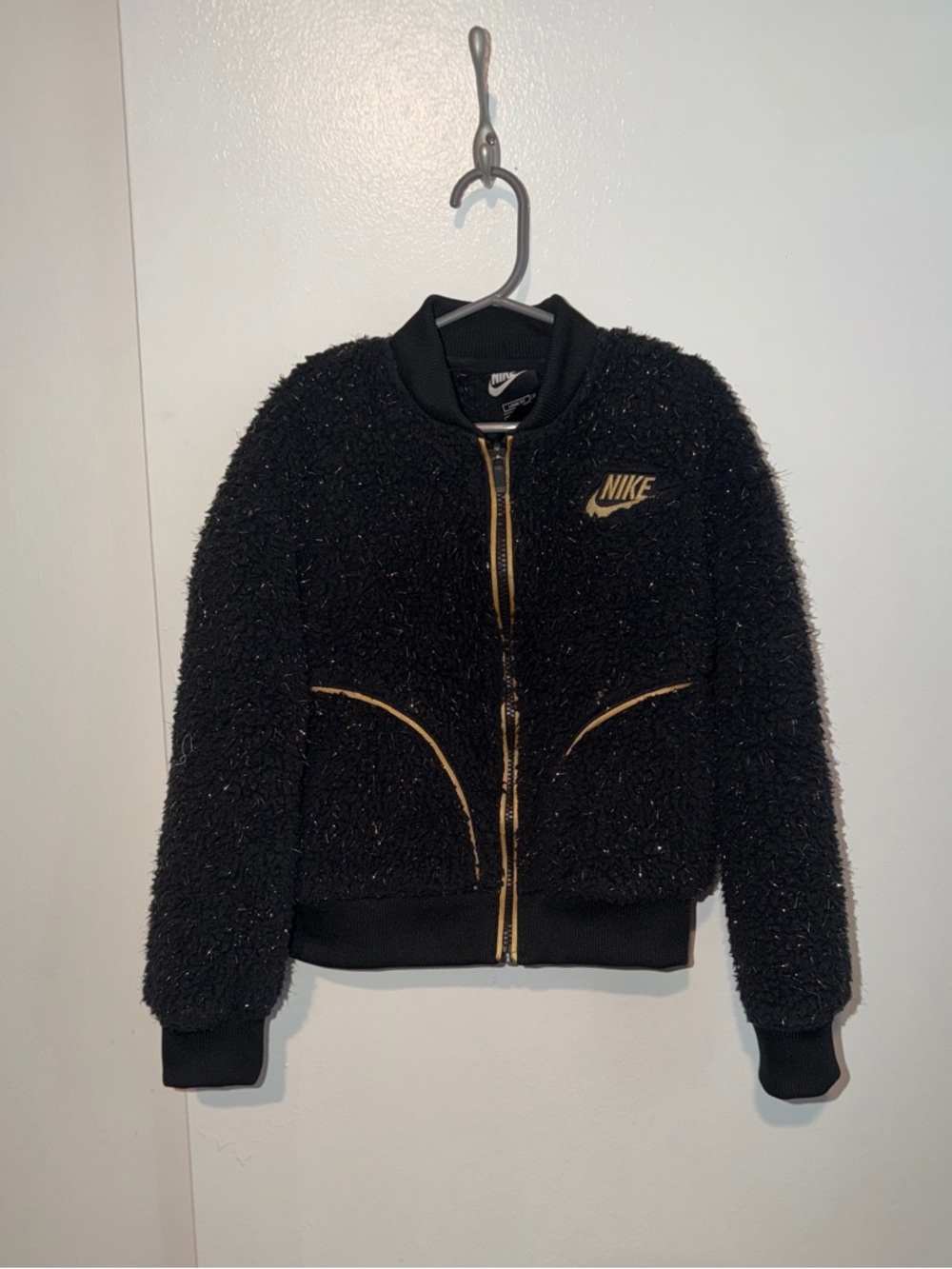 Nike Girls Black Gold Sherpa Bomber Jacket Full Zip Size S